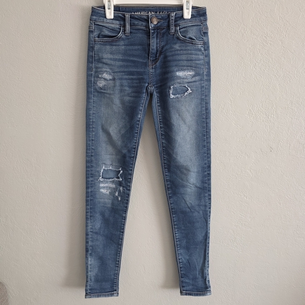 American Eagle Outfitters Super Super Stretch Jegging Distressed Blue Jeans Sz 0